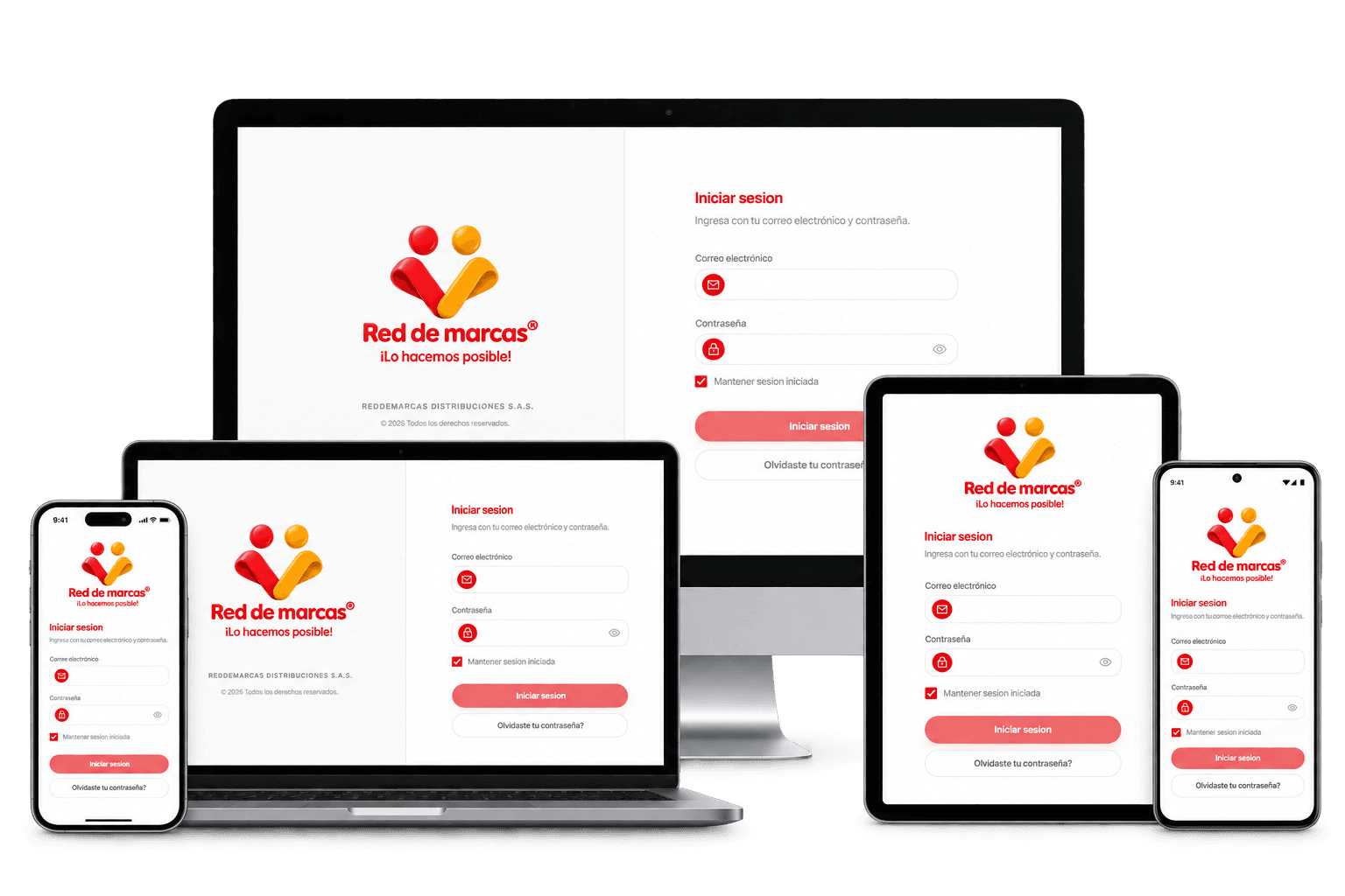 REDDEMARCAS APP en monitor, portátil, tableta y móviles con el nuevo inicio de sesión